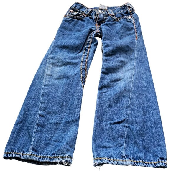 True Religion Kids Blue Denim Bootcut Jeans W/ Orange Stitching & Frayed Hem Siz - Picture 1 of 9